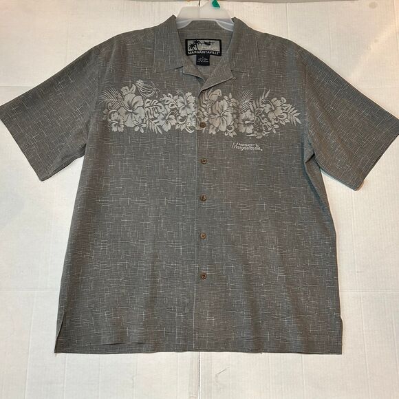 Jimmy Buffet Margaritaville Hawaiian Shirt 100% Silk Gray Floral Men’s Size L - Picture 1 of 5